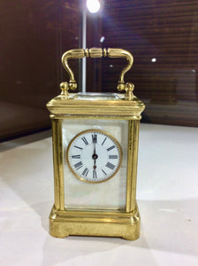 miniature English mother of pearl carriage clock